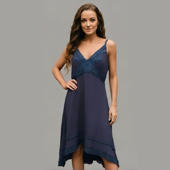 Dress – Miss Me – Navy Blue – Lace Trim Rayon Adjustable Strap Asymmetrical Hem - Picture 1 of 12